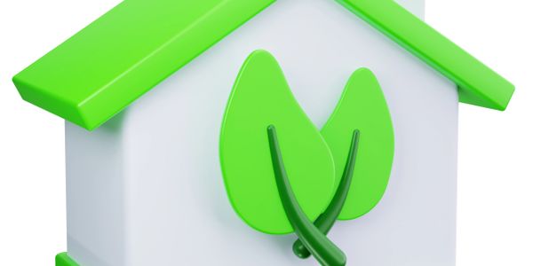 3D green and white eco-friendly house icon with leaves.