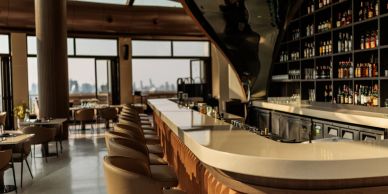 Elegant bar with leather chairs and city view.