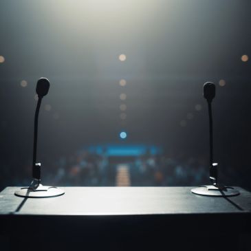 Two microphones on a dimly lit stage podium.