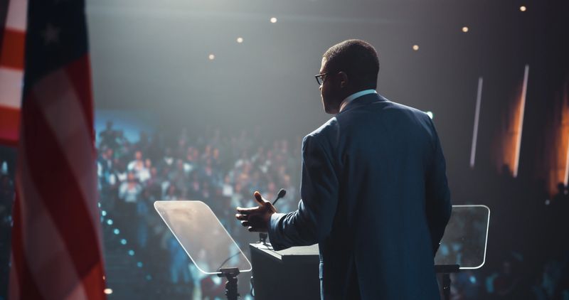 Political Speaker at a Government Election Rally. Black Male Candidate Waving to Supporters, Walking Towards the Tribune Stand to Deliver a Motivational Speech About Equality, Integrity and Freedom