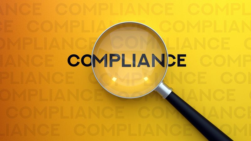 A magnifying glass highlights the concept of compliance, symbolizing a detailed Audit of corporate Rules and Policy. This image is a perfect metaphor for Corporate Governance, Scrutiny, and ensuring adherence to legal and business standards. The focused Investigation represents the importance of Quality Control, Risk Management, and Verification. Set against a professional yellow-orange background, it's an ideal visual for topics related to Law, Finance, and maintaining high ethical standards in any Organizati