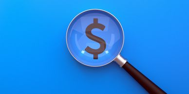 Magnifying glass focusing on a dollar symbol.
