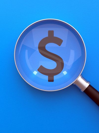 Magnifying glass focusing on a dollar sign.