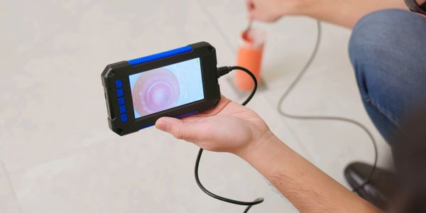 Person using a handheld inspection camera.