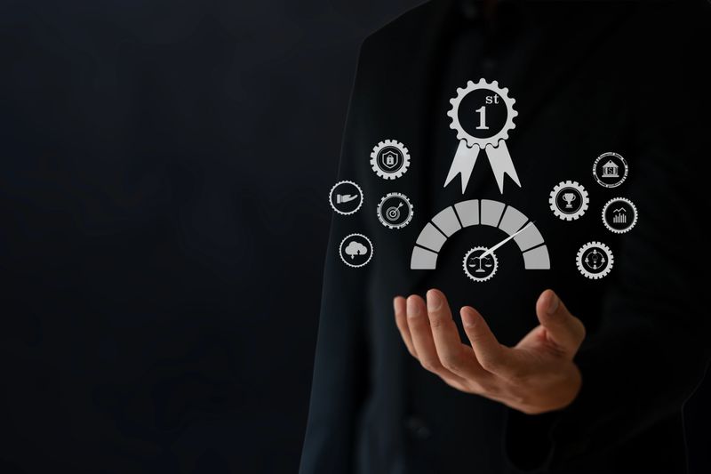 The business man work to seek ribbon reward in success business floating on screen.