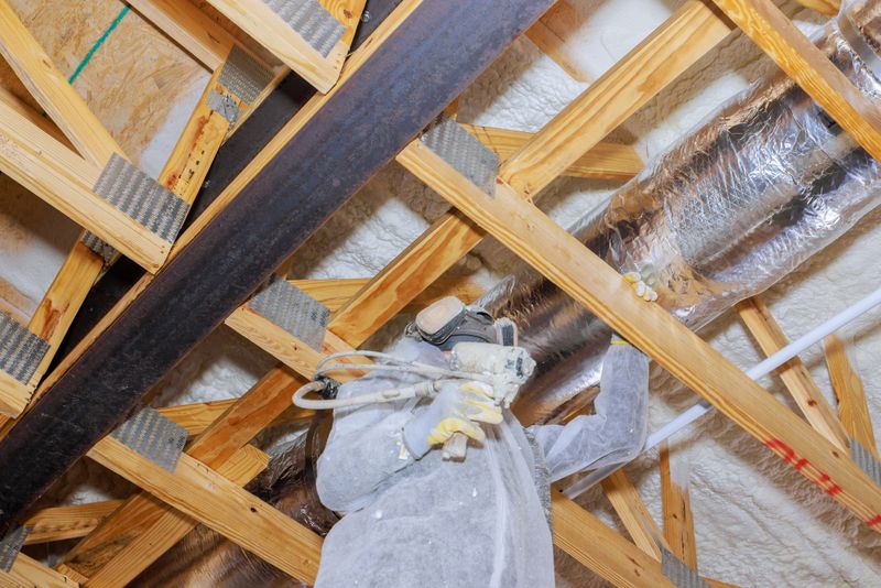 Spray foam insulation being applied in a residential attic by a professional