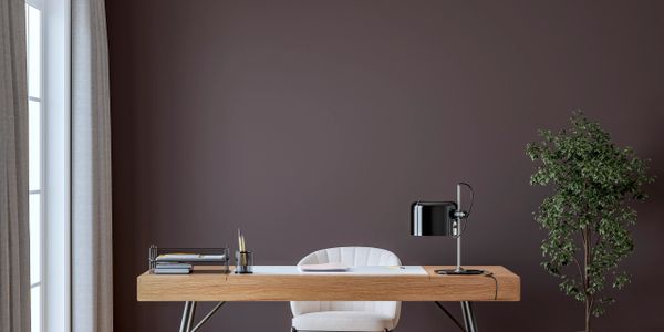 Minimalist office setup with wooden desk and plant.