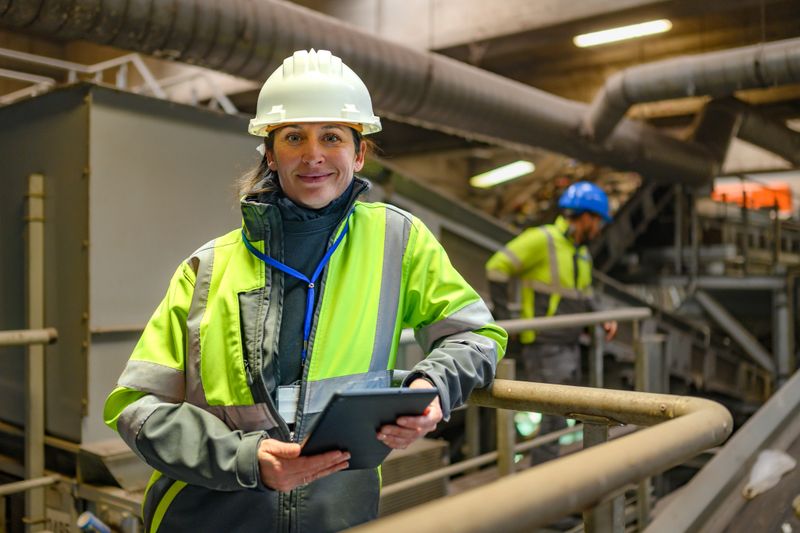 In a bustling recycling center, a diligent manager, clad in safety gear, smiles confidently while holding a tablet, captured with a waist-up photo, surrounded by industrial machinery, she embodies commitment to environmental stewardship and quality control, ensuring responsible business practices thrive.