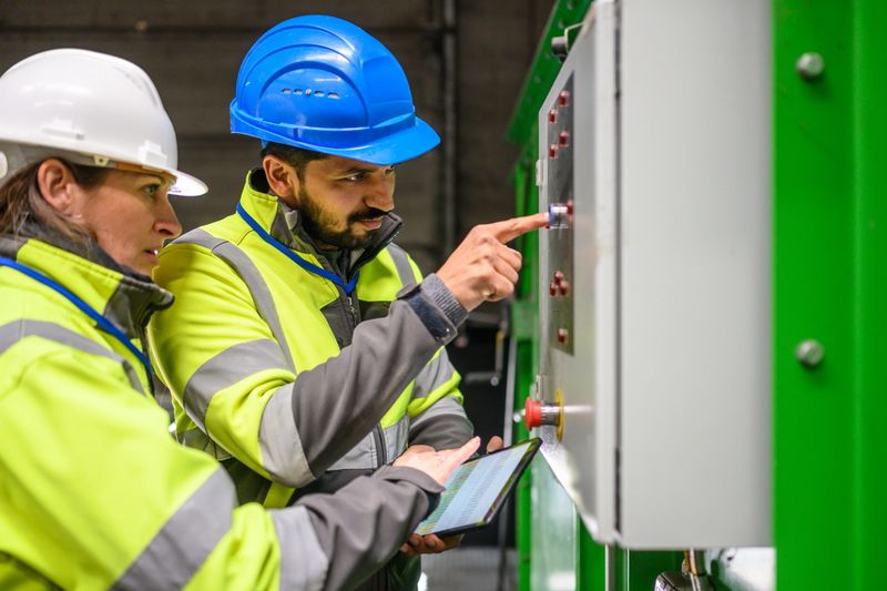 A close-up photo of two workers in safety gear focus intently on a machine, one pointing at controls while the other checks a tablet. Their collaboration highlights precision in quality control, ensuring efficient recycling processes and upholding environmental standards in a responsible business setting.