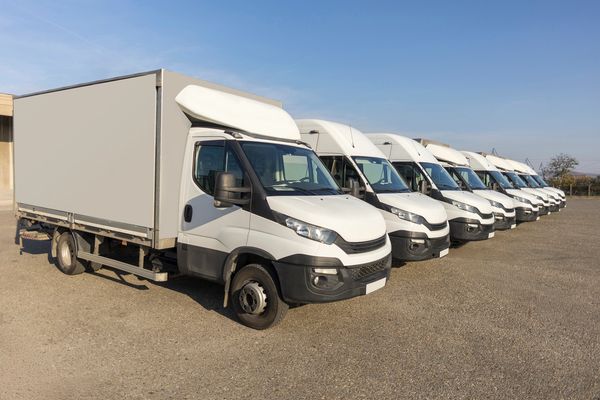 A low-angle, full shot shows a fleet of white Iveco Daily box trucks parked in a neat row.
