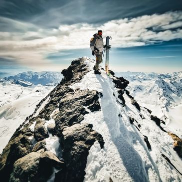 Mountaineer standing on snowy mountain peak with an ice axe.