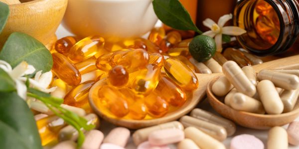 Various natural dietary supplements and herbs on a table.
