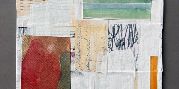 Abstract collage of papers with various textures and colors.