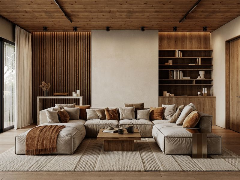 Contemporary loft interior with sofa with pillows carpet, wood wall panels and ceiling, coffee table and decor. 3d render illustration mockup.