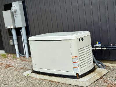 Outdoor standby generator unit installed beside a building.
