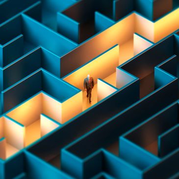 A man navigates a glowing path inside a blue maze.