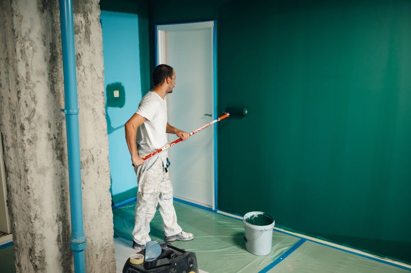 Professional painter using a paint roller applying green paint on a wall in a room during a home renovation