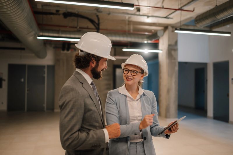 Two architects wearing hardhats are using a tablet to discuss building plans in an unfinished building