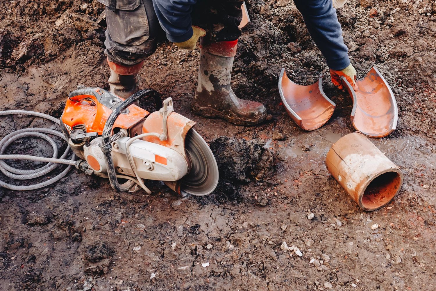 Drainage pipe being cut