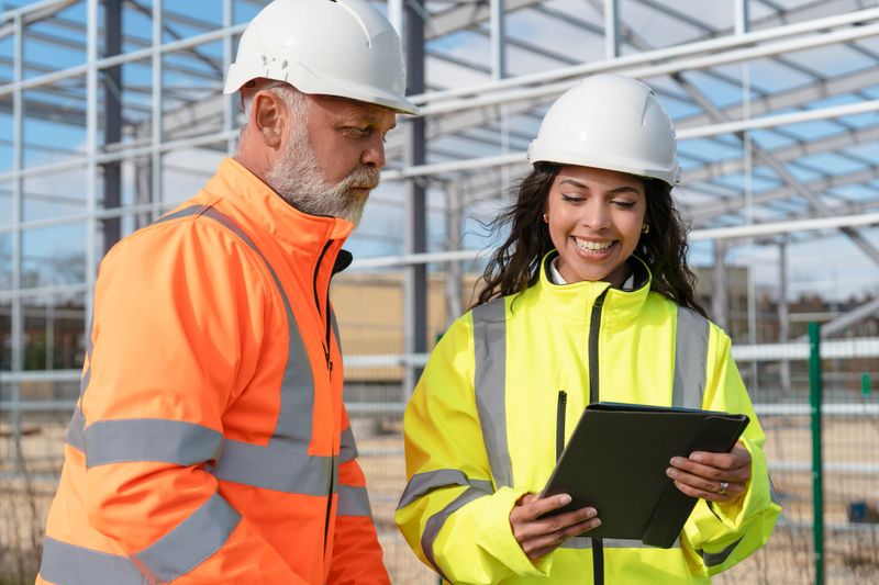 Male construction works project manager and young female site engineer collaborating on-site, discussing project details and future plans at building site with steel frame structure in background
