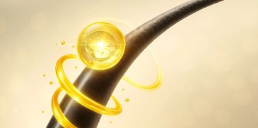 Close-up of a hair strand with glowing golden spiral and sphere.