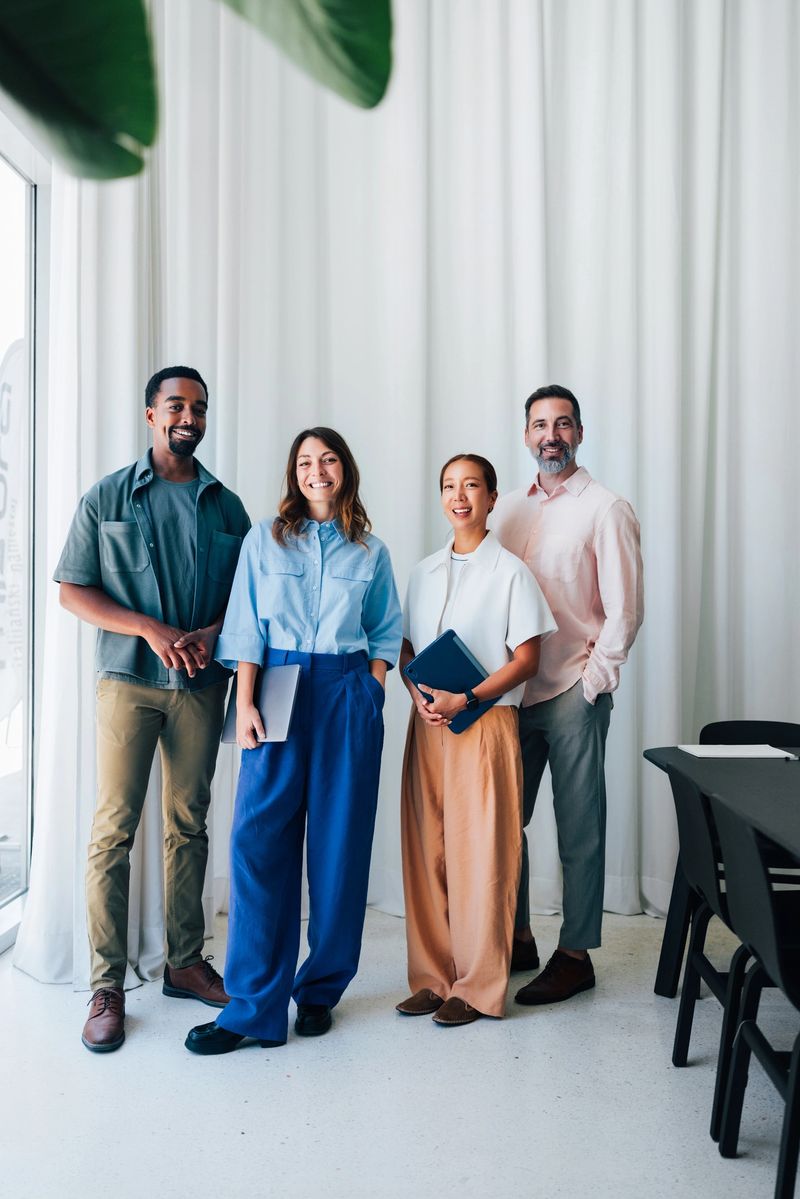 Professionally dressed group of coworkers standing in a bright office environment, exemplifying collaboration and professionalism. Ideal representation for teamwork, diversity, and contemporary business culture in modern organizational settings.