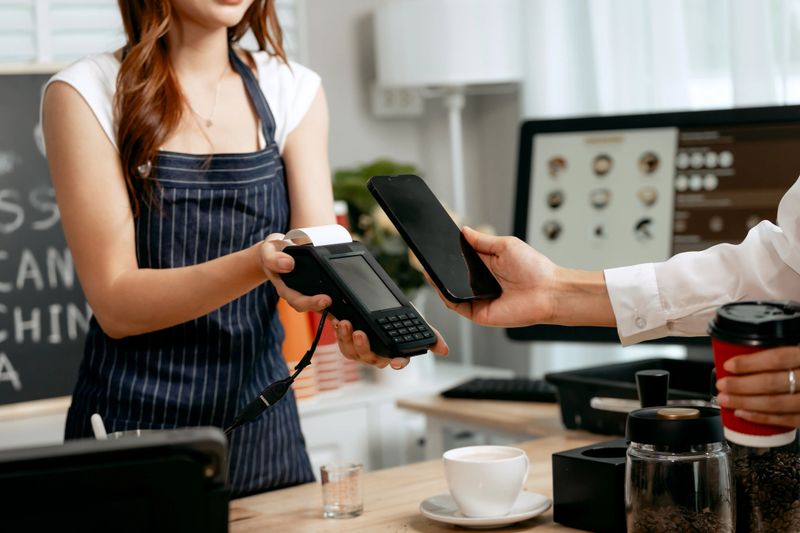 A young Asian female barista in a striped apron and orange shirt assists a woman customer making a quick, contactless payment via mobile QR code at the POS in a cozy modern cafe.