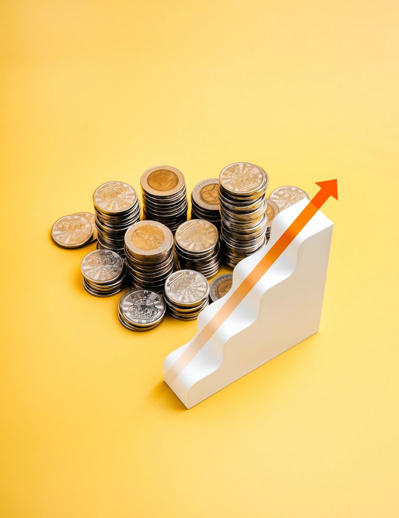 Business growth, investment financial, profit savings, inflation, economic improvement concepts. Red rise arrow on white geometric bar graph steps near many money coins piles, on yellow background.