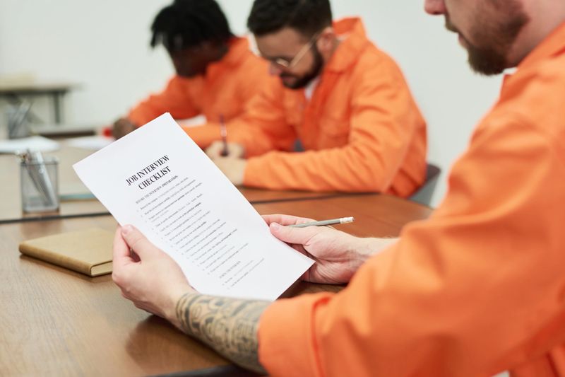 Three young adult men wearing orange uniforms sitting at table studying documents in classroom setting, foreground showing tattooed Caucasian man holding job interview checklist, others writing