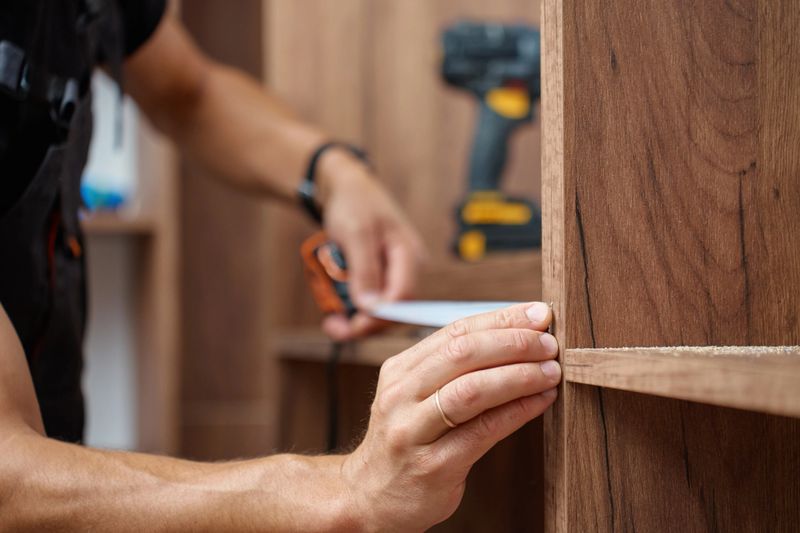 Close-up of man measuring wooden wardrobe with tape measure during furniture assembly, with tools and screws on shelf in background. Concept of home renovation and DIY furniture project