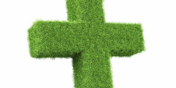 Green cross made of grass blades on a white background.