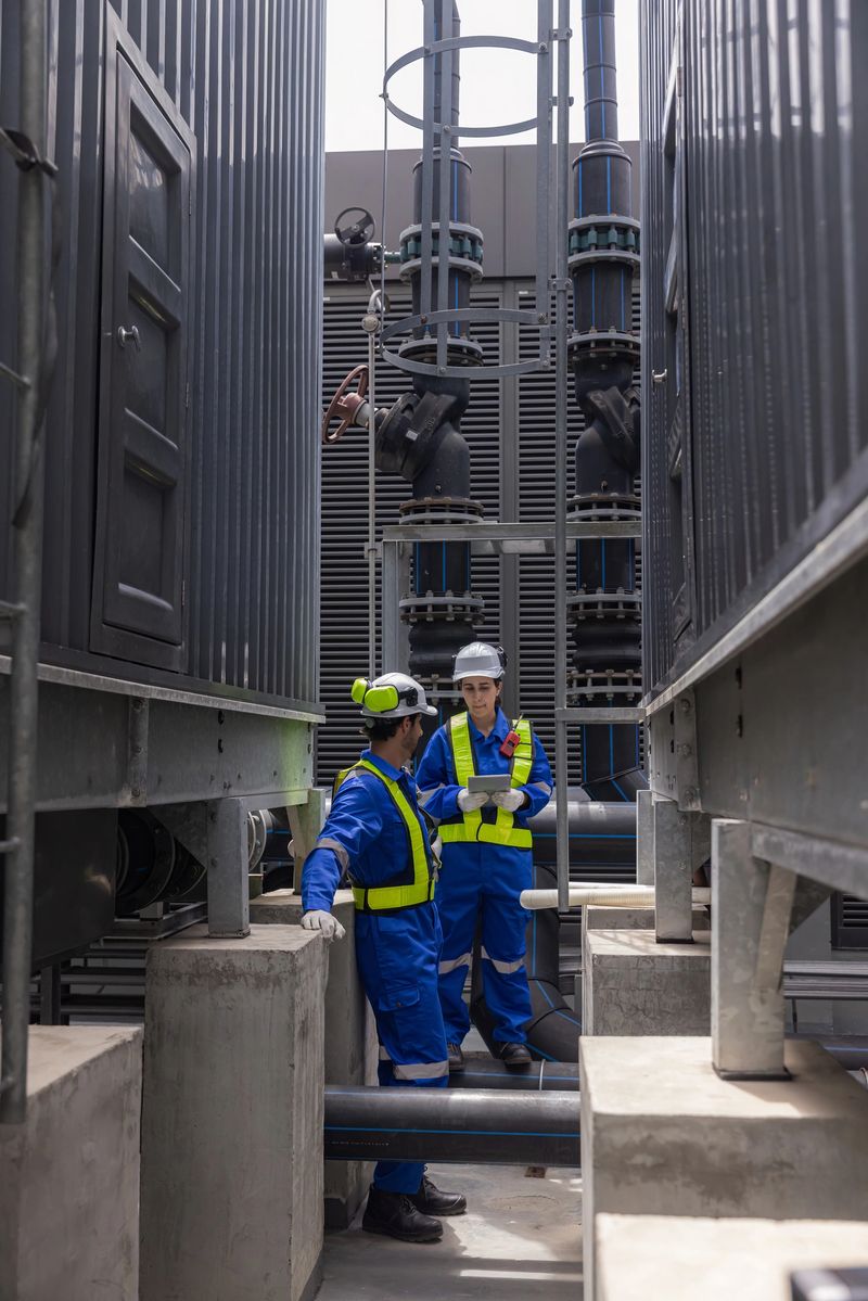 Engineers is checking the industry cooling tower air conditioner is water cooling tower air chiller HVAC  of a major building or industrial facility.