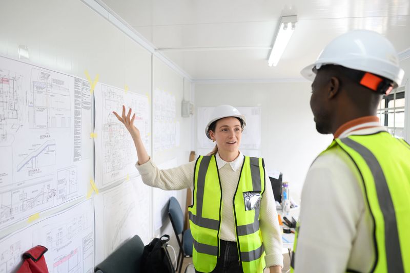 A female engineer in reflective vest and helmet gestures toward plans on displayed sheets, discussing project details with a male colleague in similar gear. They are inside a brightly lit office space, a professional setting enhancing their collaboration on construction planning.