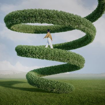 Person walks on a spiraling hedge in a surreal landscape.