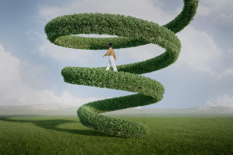 Abstract image of woman walking up the green structure. 3D generated image.