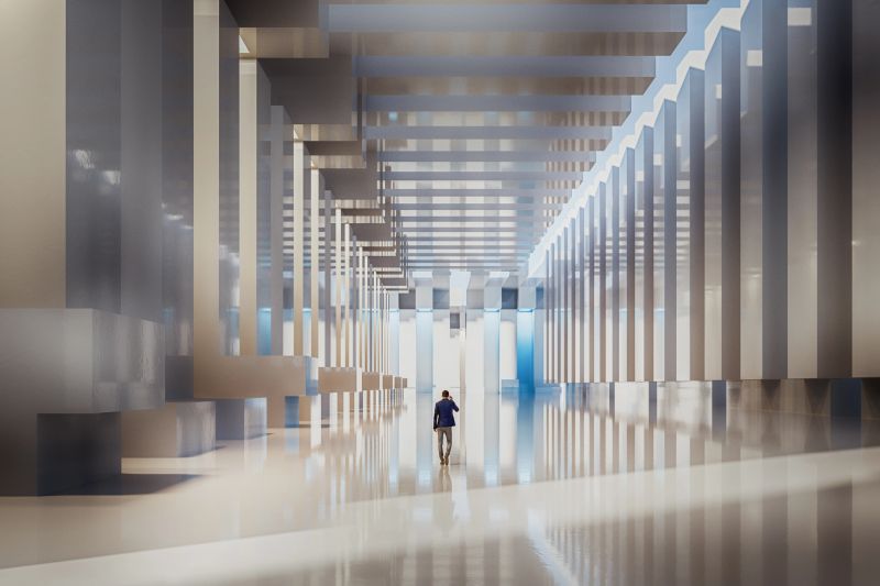 Businessman walking in futuristic corridor. 3D generated image.