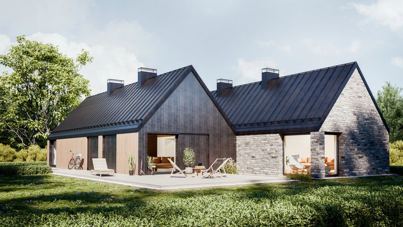 Modern house with garden. 3D generated image.