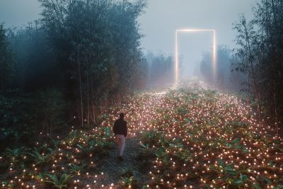 Person walks through illuminated path with glowing doorway in foggy forest.