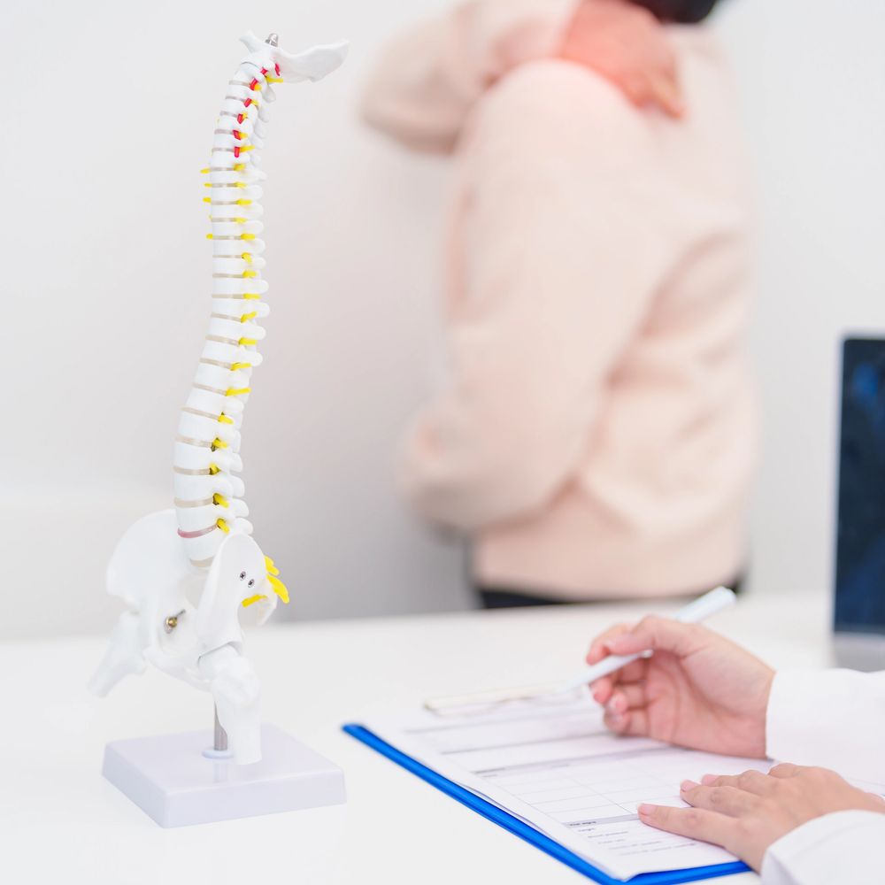 Model of a human spine on a desk with a person holding their back in pain.