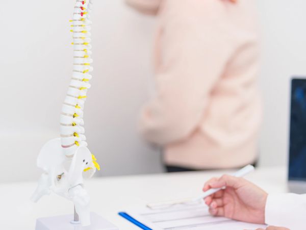 Medical professional with spine model and clipboard in clinic.