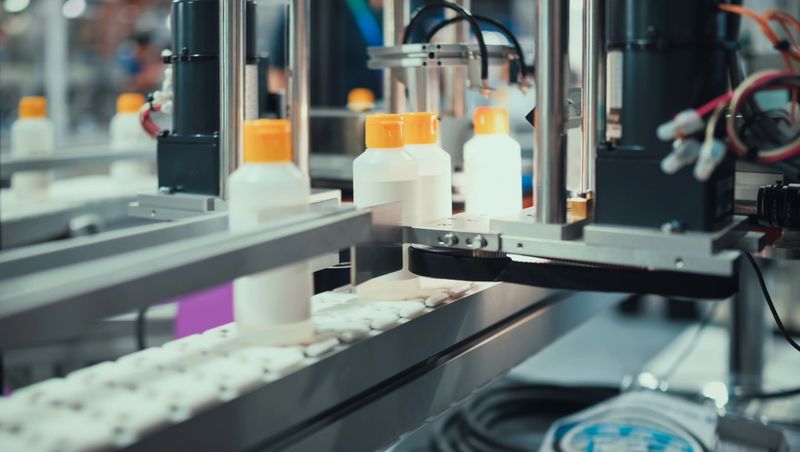 Robotic arms operate in a clean production environment, filling and sealing plastic containers with high accuracy. The system is engineered for sterile liquid products such as personal care, chemicals, and pharmaceuticals, optimizing productivity while maintaining hygiene.