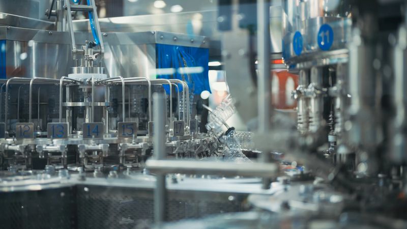 a bottling machine filling transparent bottles in a high-speed automated production environment.  bottle filling line, beverage production, industrial automation, and packaging technology.