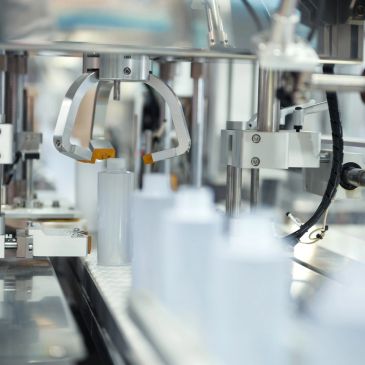 Robotic arm handling white cylindrical containers on conveyor belt.