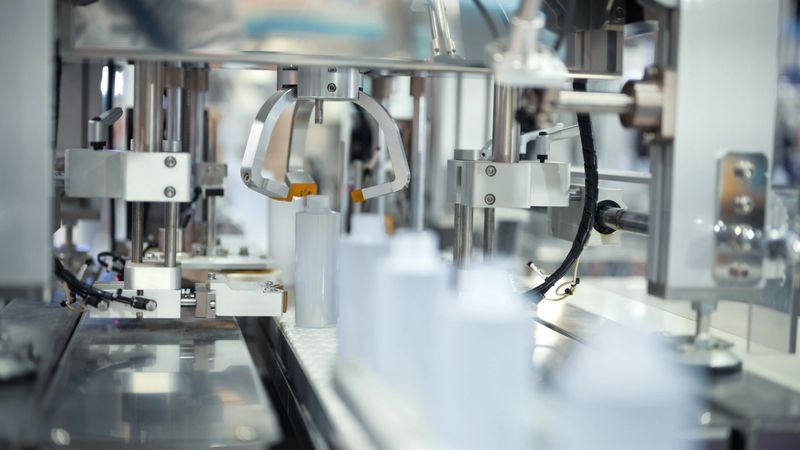 utomated packaging line filling small containers for pharmaceutical or cosmetic products. High-precision dispensing system designed for sterile production environments pharmaceutical filling, cosmetic packaging, automation, liquid filling line, precision machinery.