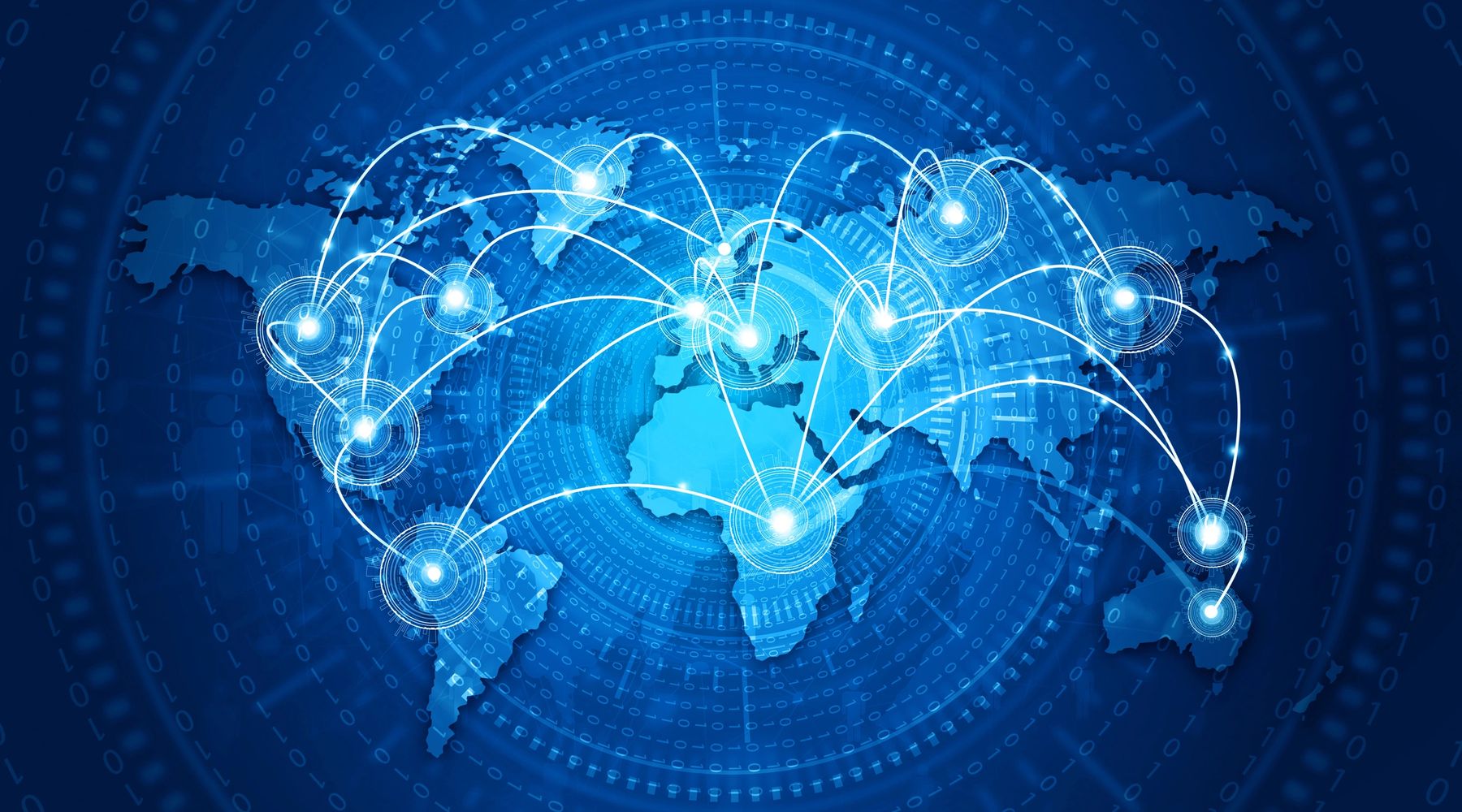 Digital global network connections illustrated on a world map.