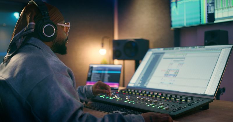 Recording studio, music producer and man with equipment  for editing, audio and sound design. Technician, production and person with soundboard, control and digital mixer for songs, track and records