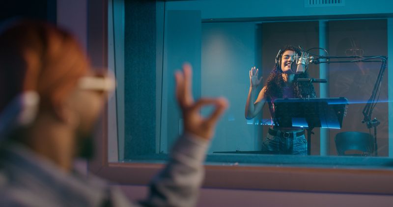 Recording studio, okay sign and woman with producer for singing song album, track and audio. Creative, musical industry and technician with emoji for artist for good performance, sound and rehearsal