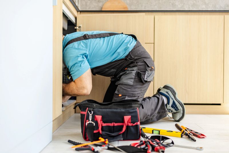 Plumber fixing kitchen plumbing, tools and pipes visible