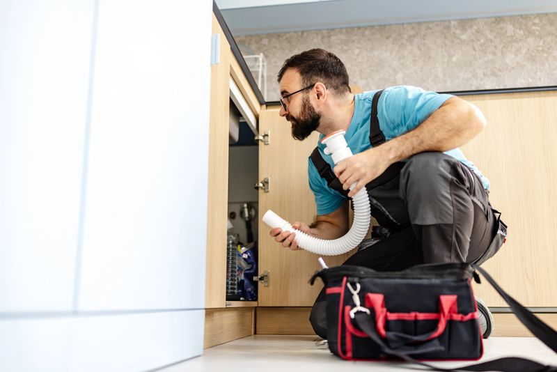 Professional plumber checking faucet connection from below the sink