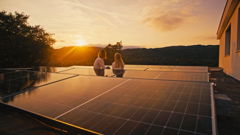 Backlit portrait of two casual-dressed figures seated among rooftop solar panels, silhouetted against dramatic mountain sunset with golden sky and tree-lined horizon.